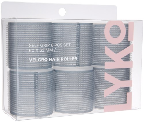 Ett klart plastklädd paket innehåller sex grå hårroller med vita band, kallade en självhäftande set för hårstyling.