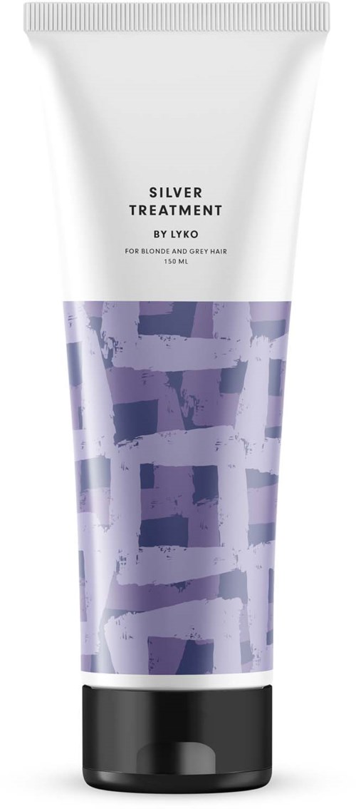 En tube med hårbehandlingsprodukt kaldet 'Silver Treatment' med lilla og hvid abstrakt design.
