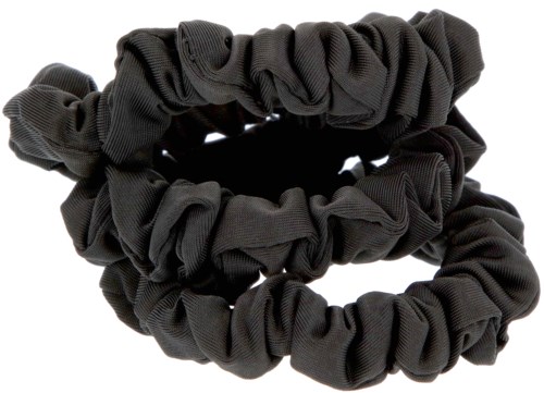 Tre svarta elastiska hårband med rosett, staplade tillsammans.