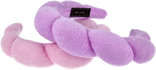 Colorful twisted yarn headbands, soft texture, purple and pink shades, with a label. Stylish accessories for hair.