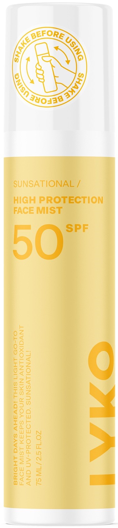 A tall white and yellow spray bottle with SPF 50 sunscreen label, indicating it is for face protection during sun exposure.