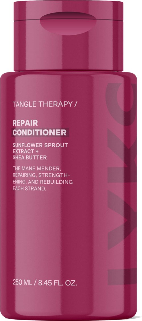 En rosa flaske med TANGLE TERA PY Repair Conditioner med solsikkekstrakt og sheasmør.