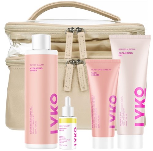 Set of skincare products including toner, gel, face cream, serum, and a bag for storage.