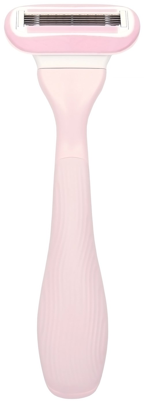 Pink handle razor with a head containing multiple blades and a foil. Designed for shaving hair.