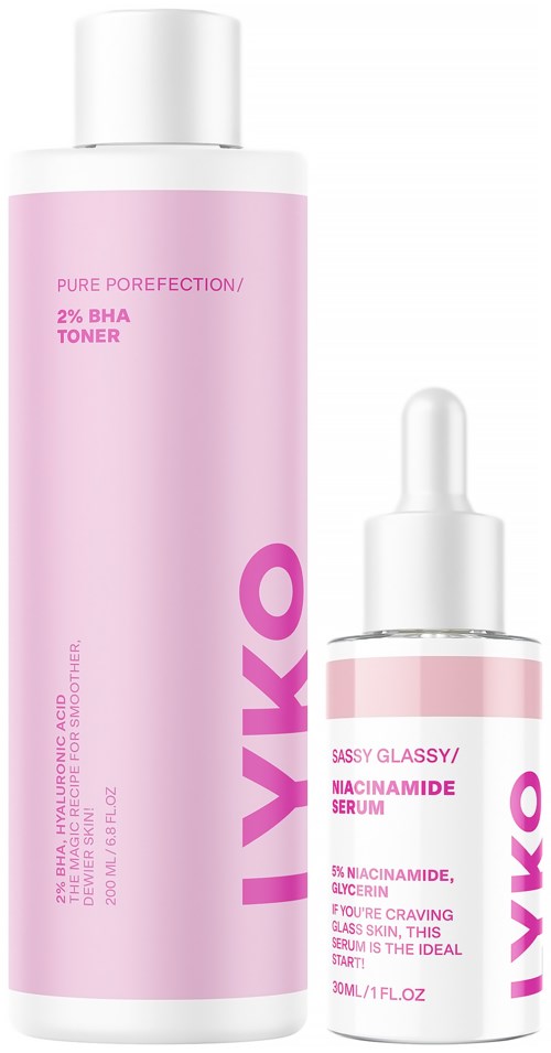 Two skincare bottles, one tall and pink, the other small with a dropper, labeled with product names and descriptions.