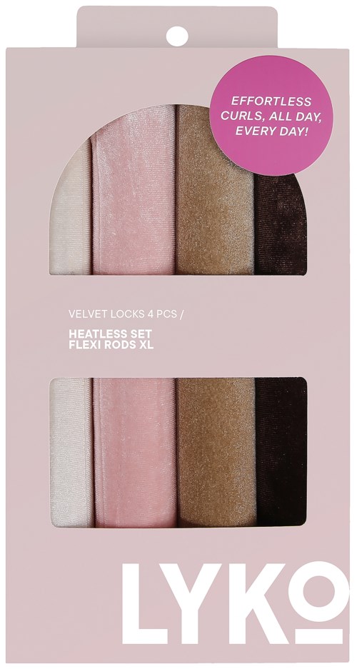 Dette er en boks med fire myke, fløyelslignende hårbånd i rosa, beige, brun og svart. Emballasjen fremhever enkle krøller.
