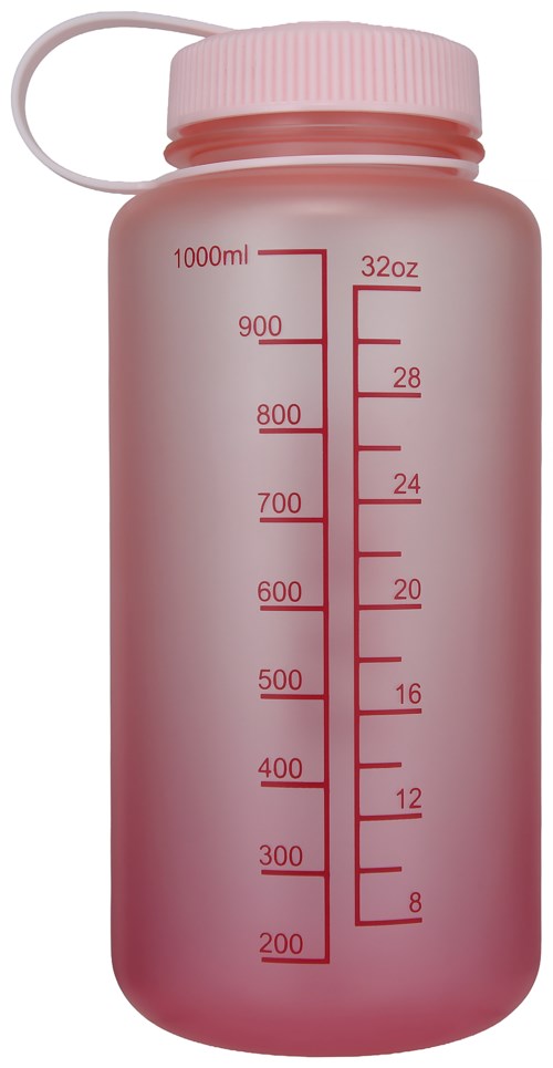 Rosa vattenflaska med måttlinjer och lock, märkt upp till 1000 ml och 32 oz.