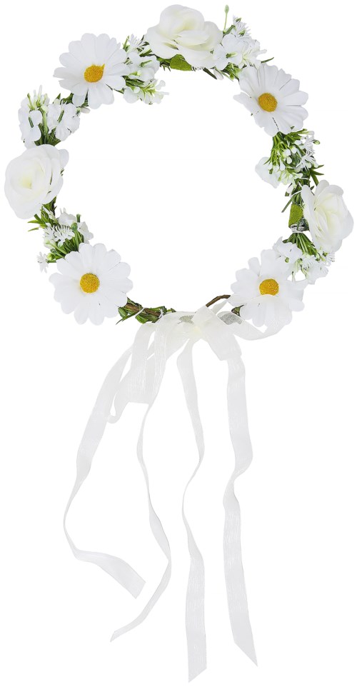 A flower wreath with white daisies and green leaves, tied with white ribbons, on a white background.