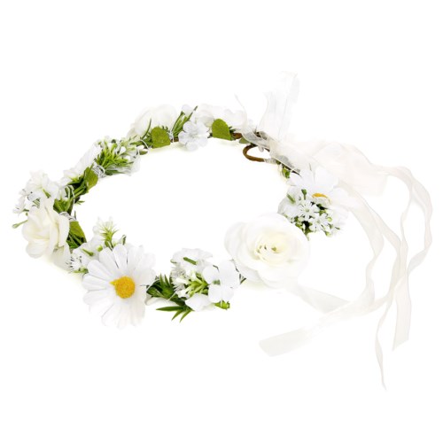A white flower crown with daisies and roses, tied with a white ribbon.