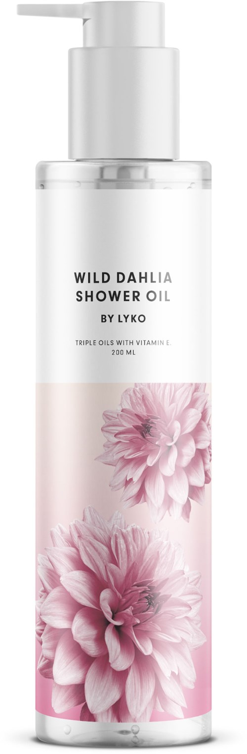 En vit flaska med pump, märkt Wild Dahlia Shower Oil, med rosa blommor tecknade på den.
