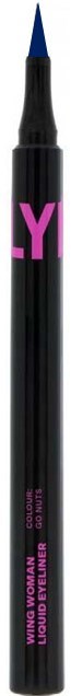 Ein blauer flüssiger Eyeliner-Stift mit schwarzem und pinkem Text, für Frauen und flüssig. Die Spitze ist spitz und einsatzbereit.