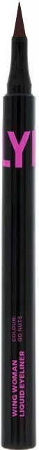 Eine schwarze Mascara mit rosa Aufkleber, auf dem 'WING LINER' steht, und brauner Spitze.