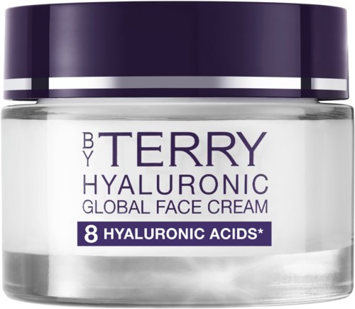 A jar of face cream labeled with hyaluronic acids and a purple lid.