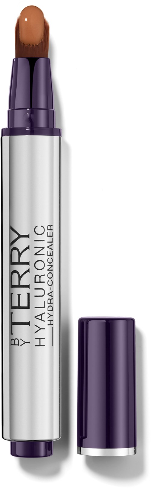 A lip concealer pen with purple and silver packaging, with the cap removed showing a light brown applicator.
