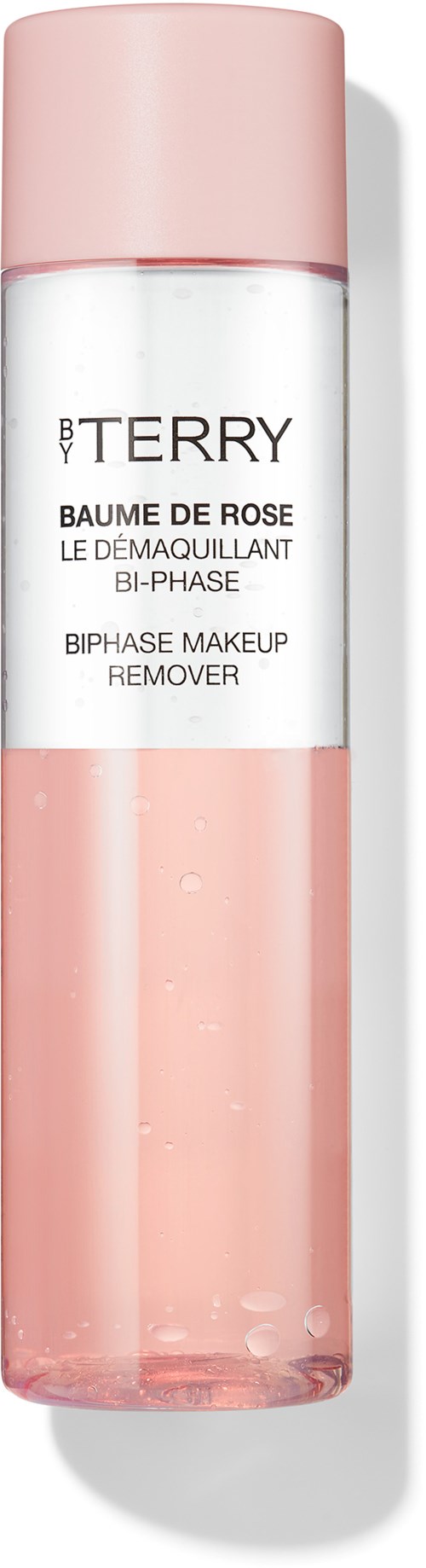 A pink and white cylindrical bottle labeled 'By Terry' for makeup removal. Simple design, highlights rose water and cleansing purpose.