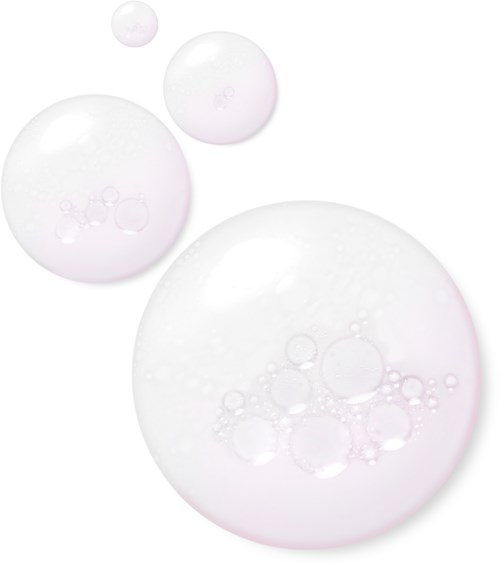 Four clear bubbles of different sizes float against a white background.