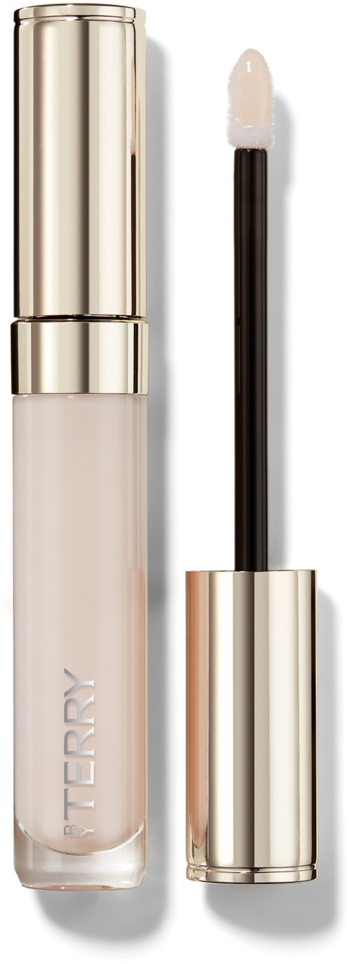 A lip gloss with a golden cap and an applicator stick next to it.