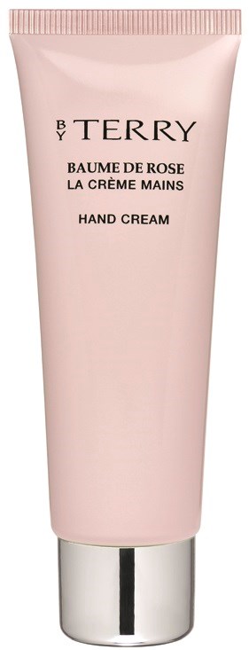 A pink tube with silver cap, labeled 'BY TERRY' and 'HAND CREAM,' in simple text.