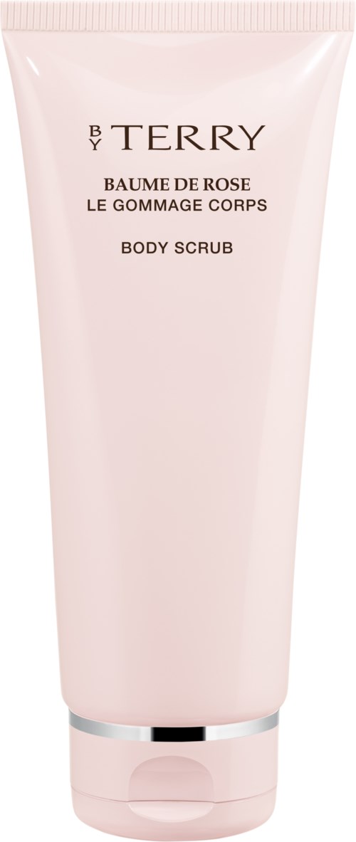 En rosa tub med svart och silver text, märkt som kroppsscrub av BY TERRY, med en silverkapsel.