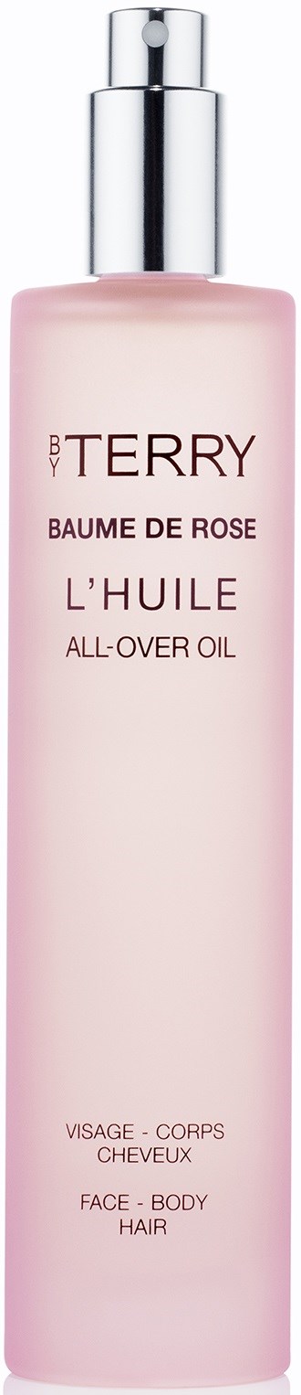 Ljusrosa flaska med silverkork märkt 'BY TERRY Baume de Rose L'Huile All-Over Oil' för ansikte, kropp, hår.