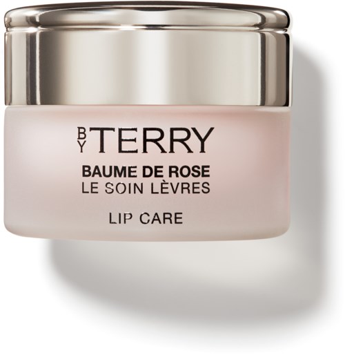 Small pink jar with a shiny silver lid. Text says BY TERRY, Baume de Rose, Lip Care.