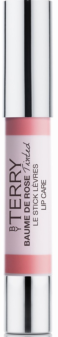 Ett läppbalsam i tydlig tub med rosa balsam, märkt 'BY TERRY Baume de Rose Velvet'.