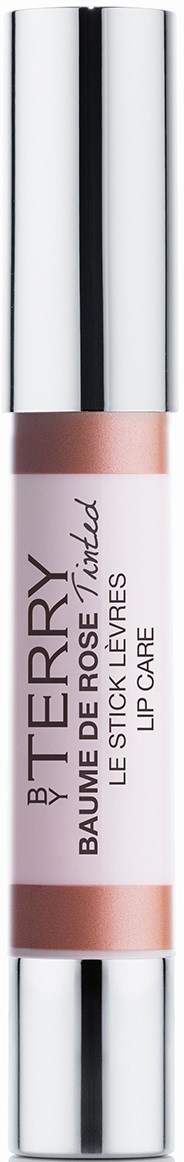 En läppbalsam i en genomskinlig tub med silverlock, märkt "By Terry Baume de Rose" för mjuka läppar.