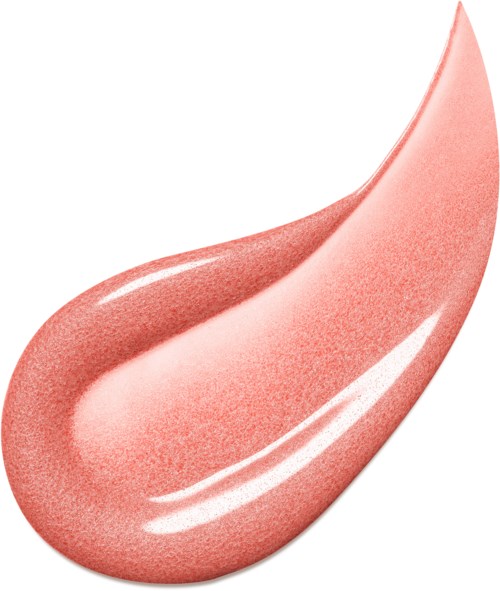 A shiny, pinkish lip gloss or lipstick swatch with a smooth, glossy finish and curved shape.