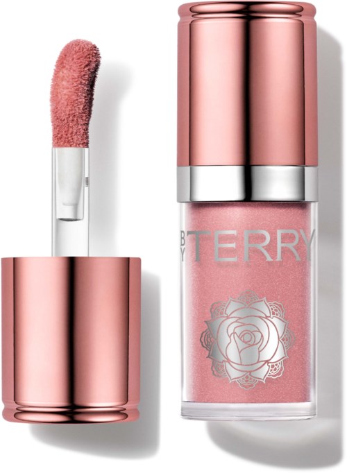 Pink lip gloss with a doe-foot applicator and a matching pink lip gloss bottle with a rose logo.