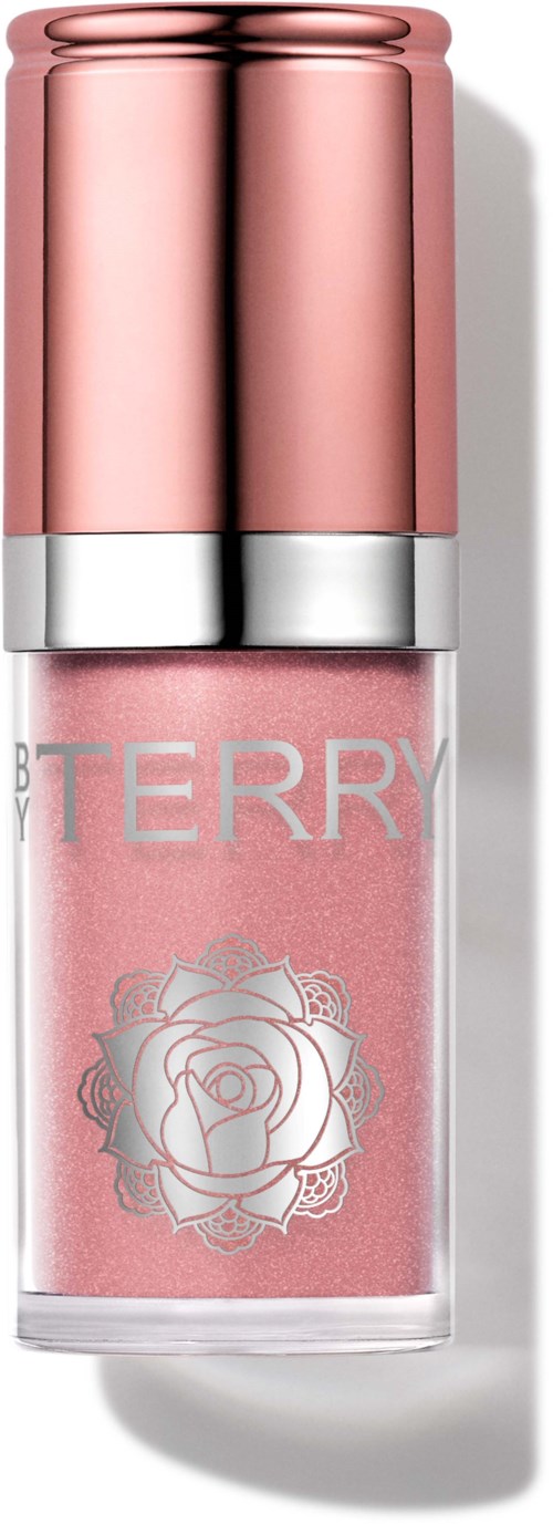 Pink lip gloss with a rose illustration and silver and pink packaging.