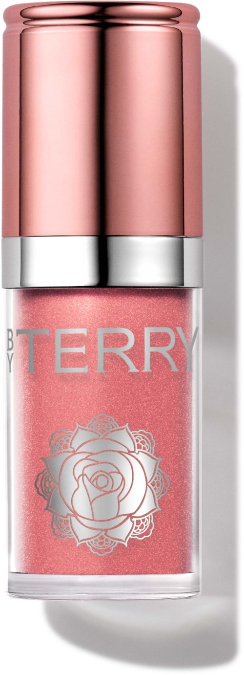Pink lipstick gloss with floral rose design and silver cap.