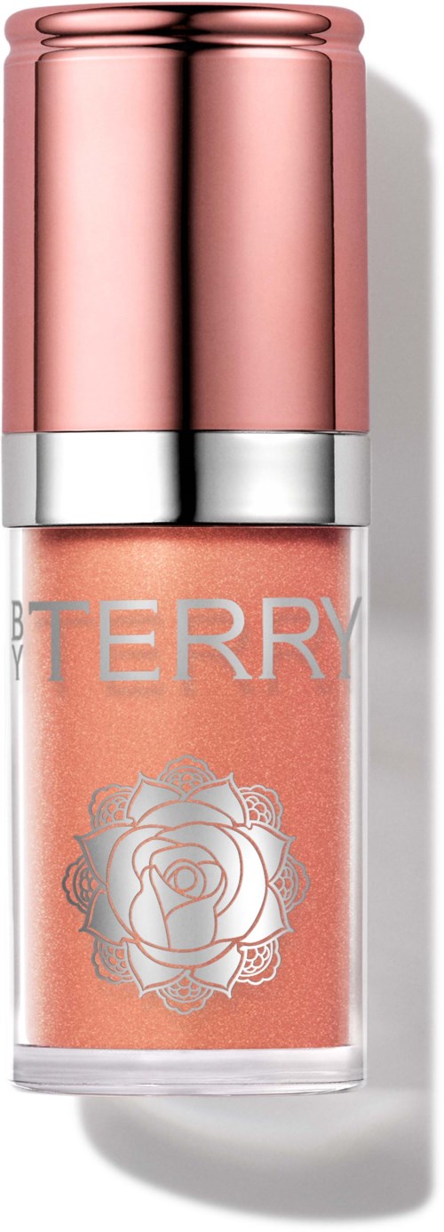 Pink lip gloss in a clear tube with a silver cap, decorated with a white rose drawing.