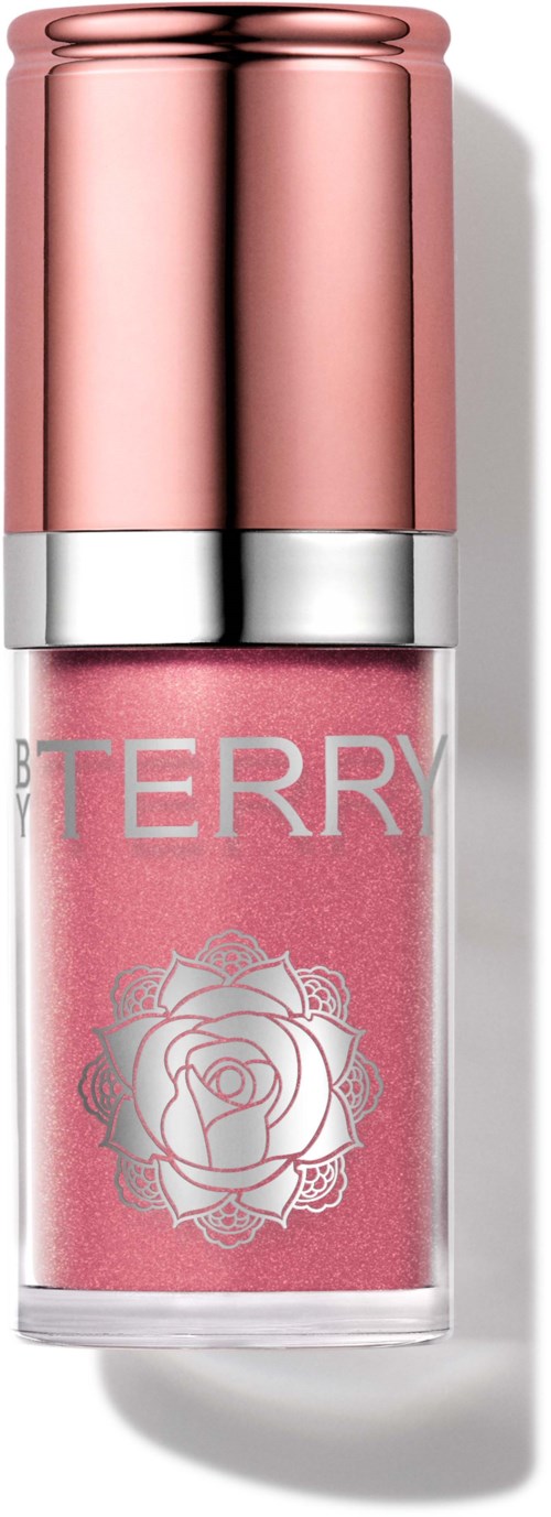 Pink lip gloss container with a silver cap and a rose design on the bottle.