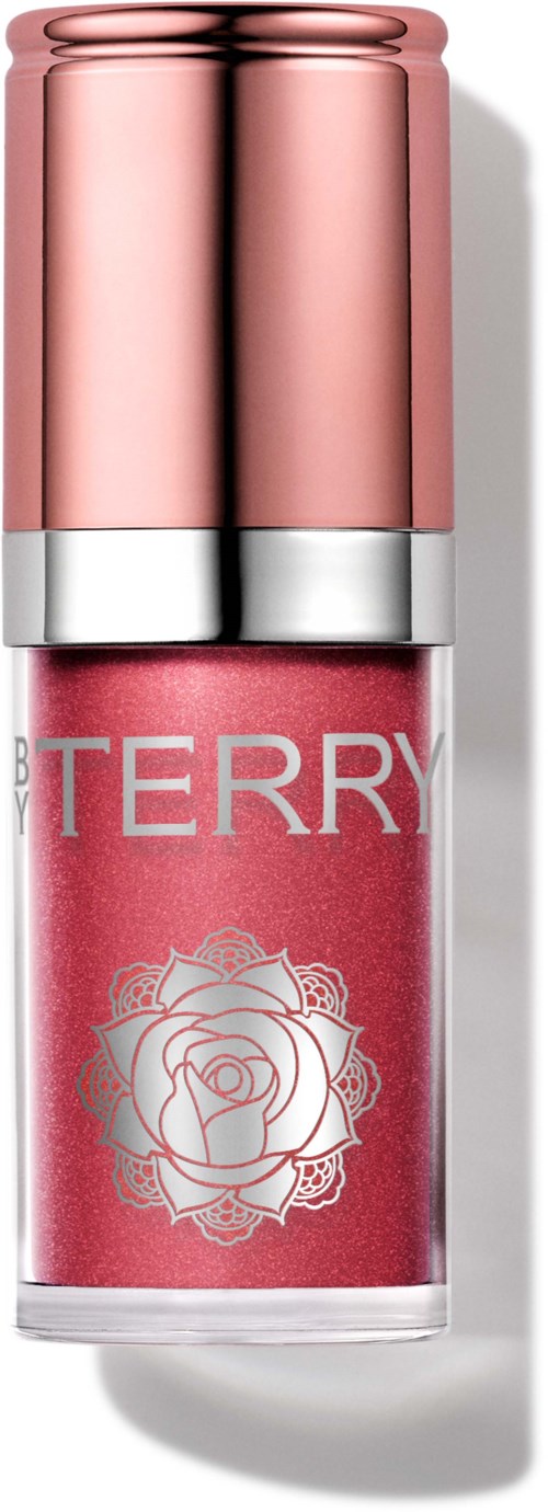Lip gloss in a pink shade with a rose design and silver cap.