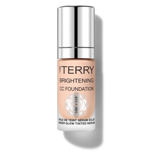 En kosmetikkflaske merket 'BY TERRY Brightening CC Foundation' med sølvkapsel og roselogo.