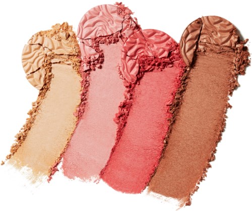 Four crushed makeup powders in different shades from beige to brown and pink.