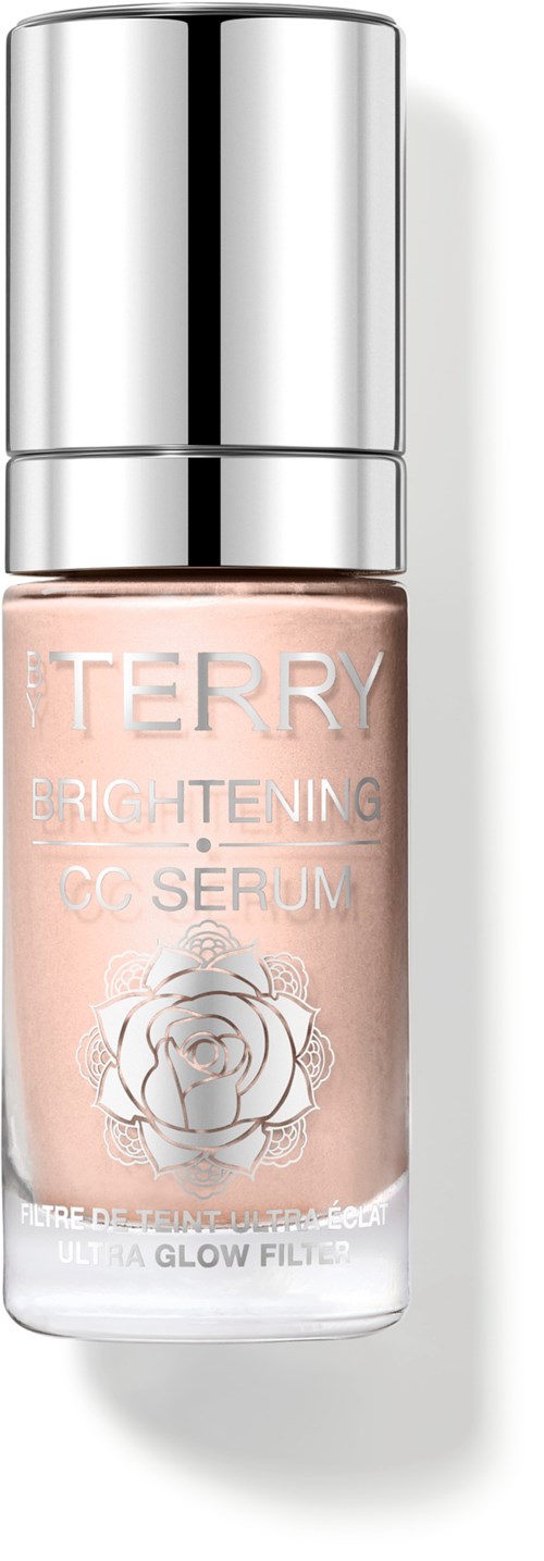 En liten flaske med rosa serum og sølvkork, merket TERRY Brightening CC Serum. Den har en rosenillustrasjon.