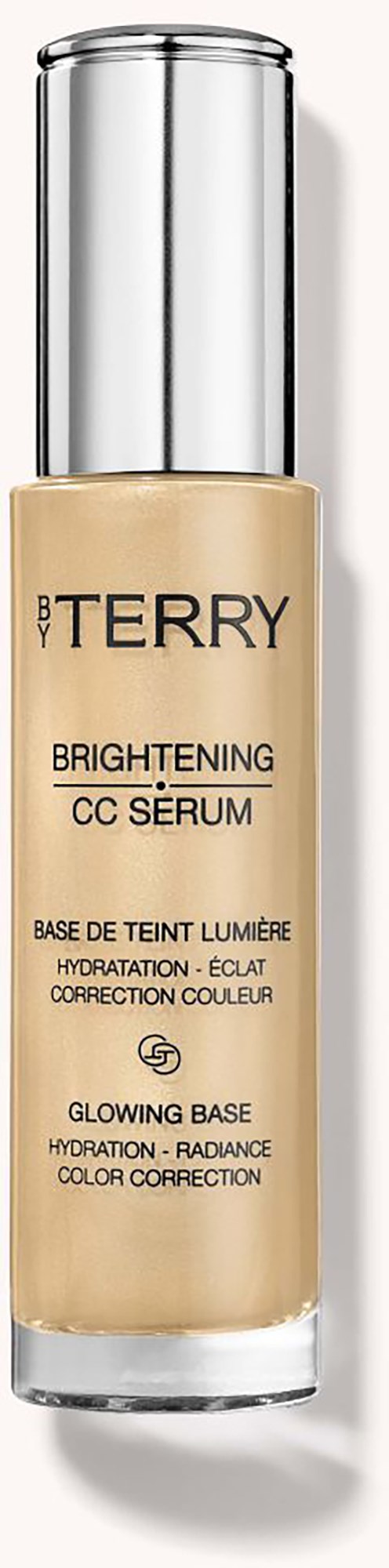 A beige bottle of BY TERRY Brightening CC Serum with a silver cap, labeled for skin hydration and glow.