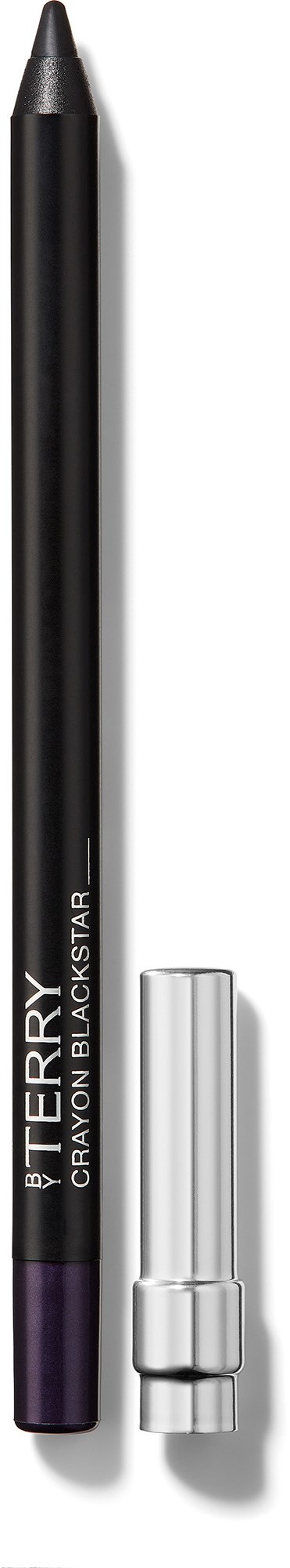 En svart penna med lila spets och silvrigt lock, märkt 'BERRY CRAYON BLACKSTAR' på en vit bakgrund.