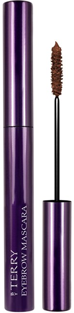 A purple tube of Betty Eyebrow Mascara with the wand applicator next to it on a black background.