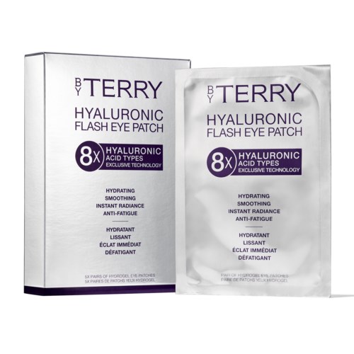 Förpackningen visar en box och ett paket för Terry Hyaluronic Flash Eye Patch, som betonar hydrering och anti-trötthet fördelar.