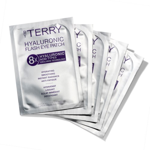 Fem silverfärgade Hyaluronic Flash Eye Patches är utbredda, markerade för återfuktning och anti-trötthet.
