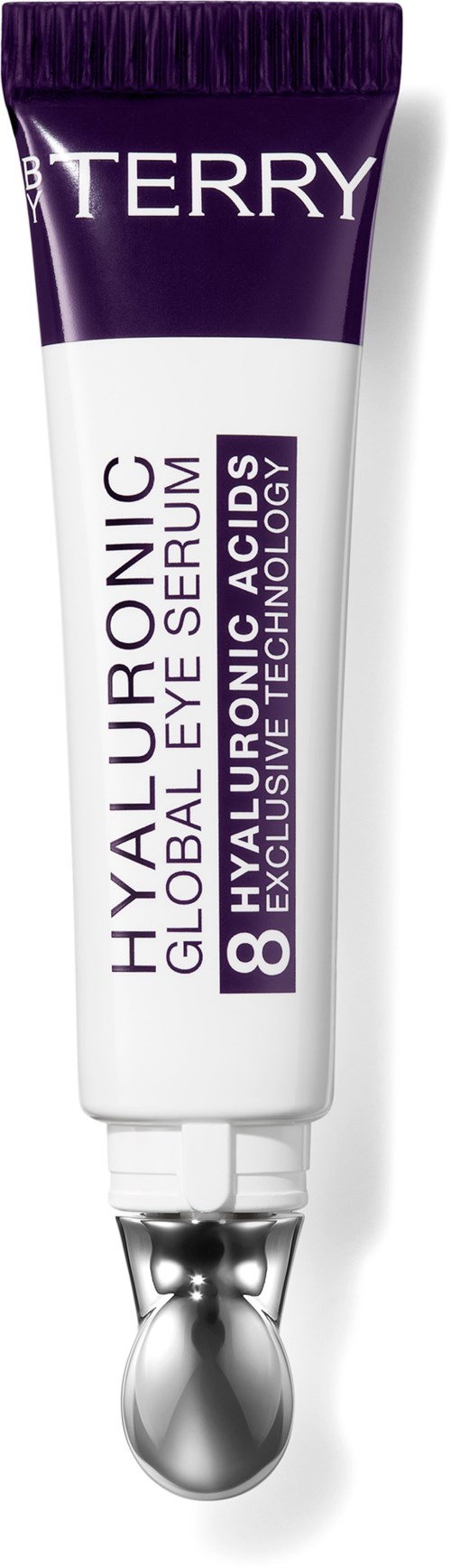 A tube of skincare product labeled as hyaluronic and eye serum, with a silver applicator at the tip.