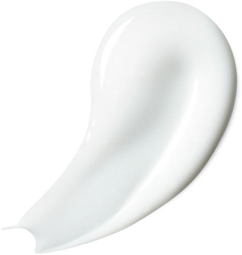 En klick vit kräm eller lotion med slät, glänsande yta, formad som en dropp eller droppform.