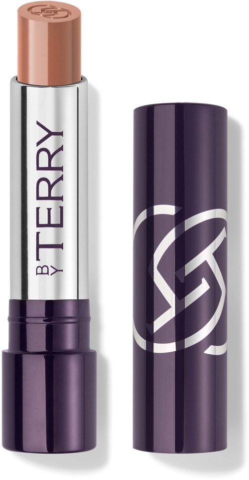 A lipstick with a purple case and a beige lipstick bullet.
