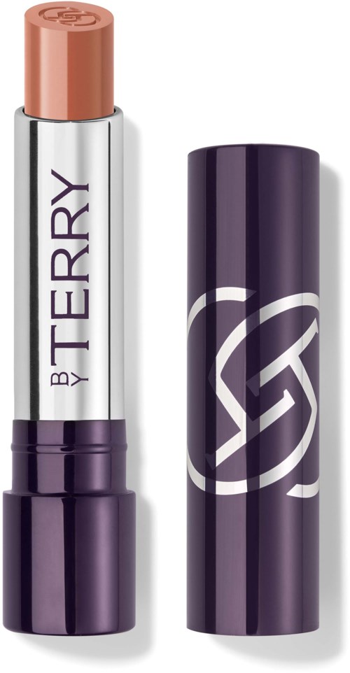 A lipstick with a purple case and the brand name 'BY TERRY'. The cap is removed, showing the lipstick color.