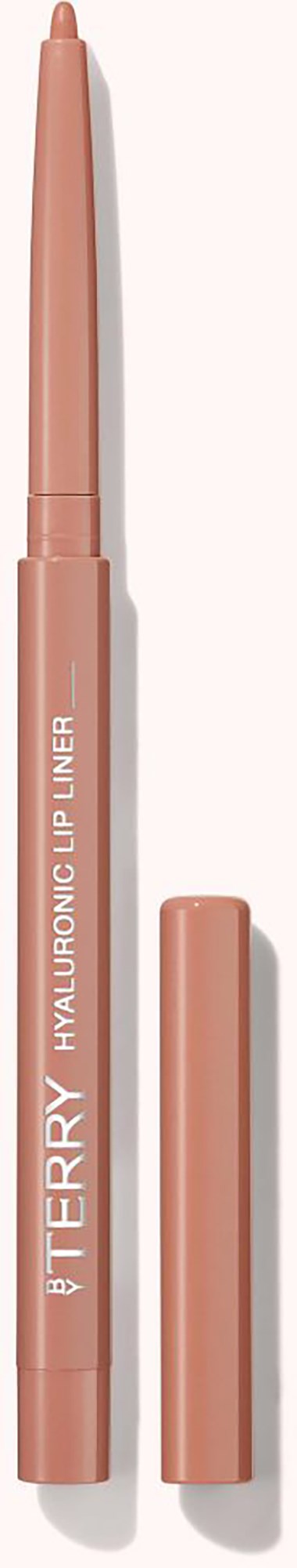 En rosa läppstiftspenna med lock, märkt 'HYALURONIC LIP LINER' och 'BY TERRY'.