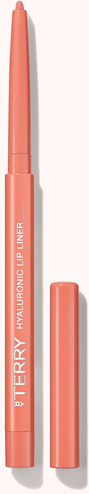 En korallrosa läpppenna med lock, märkt 'BY TERRY HYALURONIC LIP LINER'.