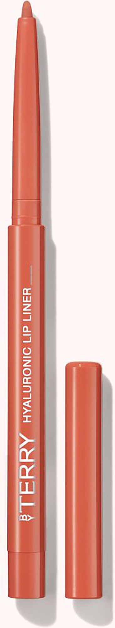 En korallfärgad läpppenna med lock, märkt 'BY TERRY HYALURONIC LIPLINER' i vitt text.