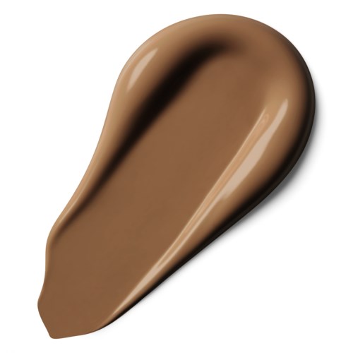 A shiny, brown liquid drop with smooth edges and reflective surface.